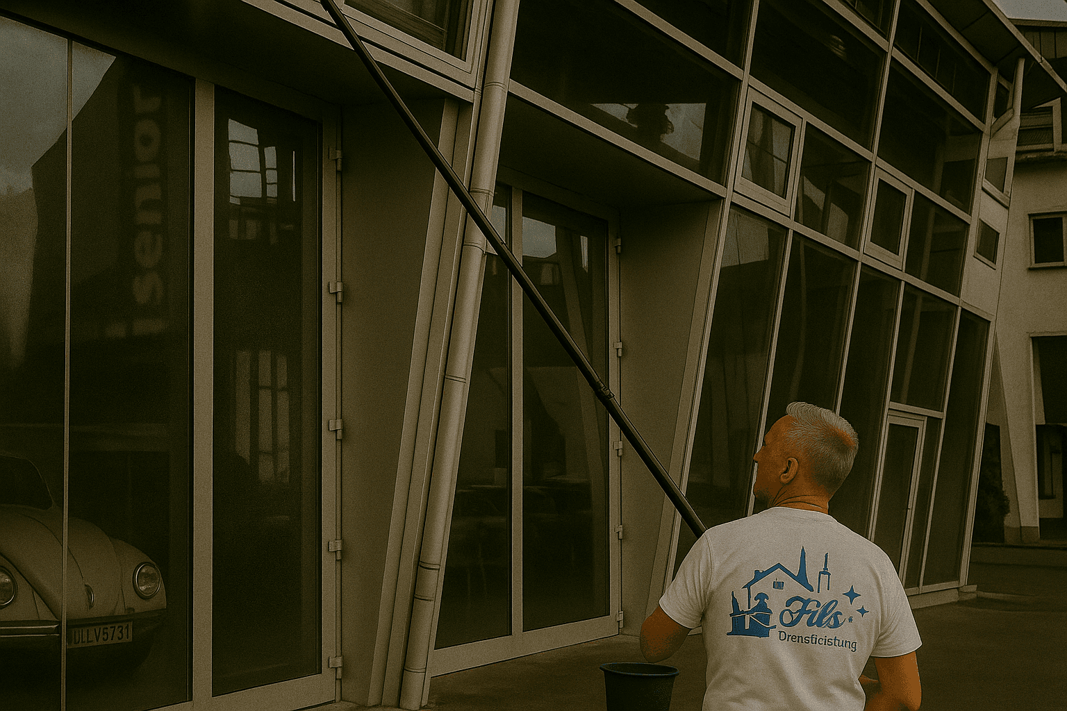 Fensterreinigung an Gewerbefassade - Projektbeginn